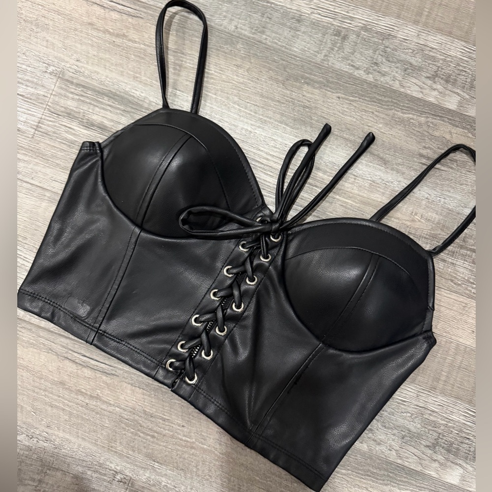 Black Faux Leather Lace-Up Bustier Crop Top (M)